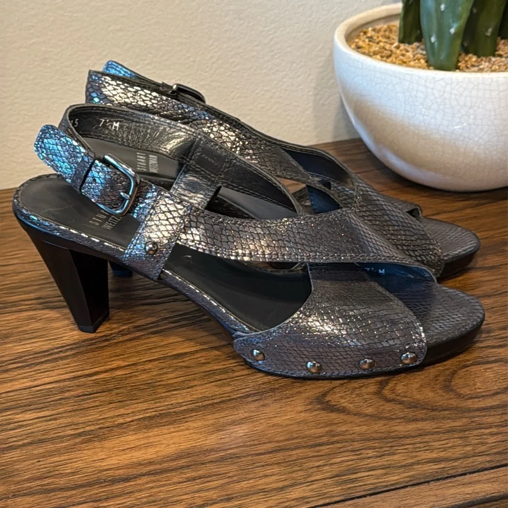 Stuart Weitzman‎ Metallic Pewter Strappy Studded Party Statement Heels Size  7.5